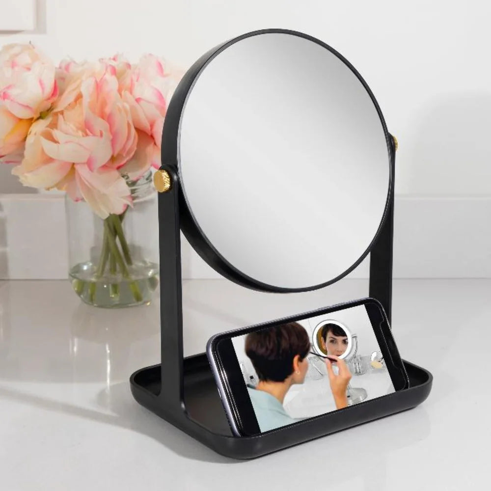 5X 1X Magnification Makeup Mirror with Accessory Tray Phone Holder 360 Degree Rotation Dual-Sided Vanity Mirror Ideal Makeup