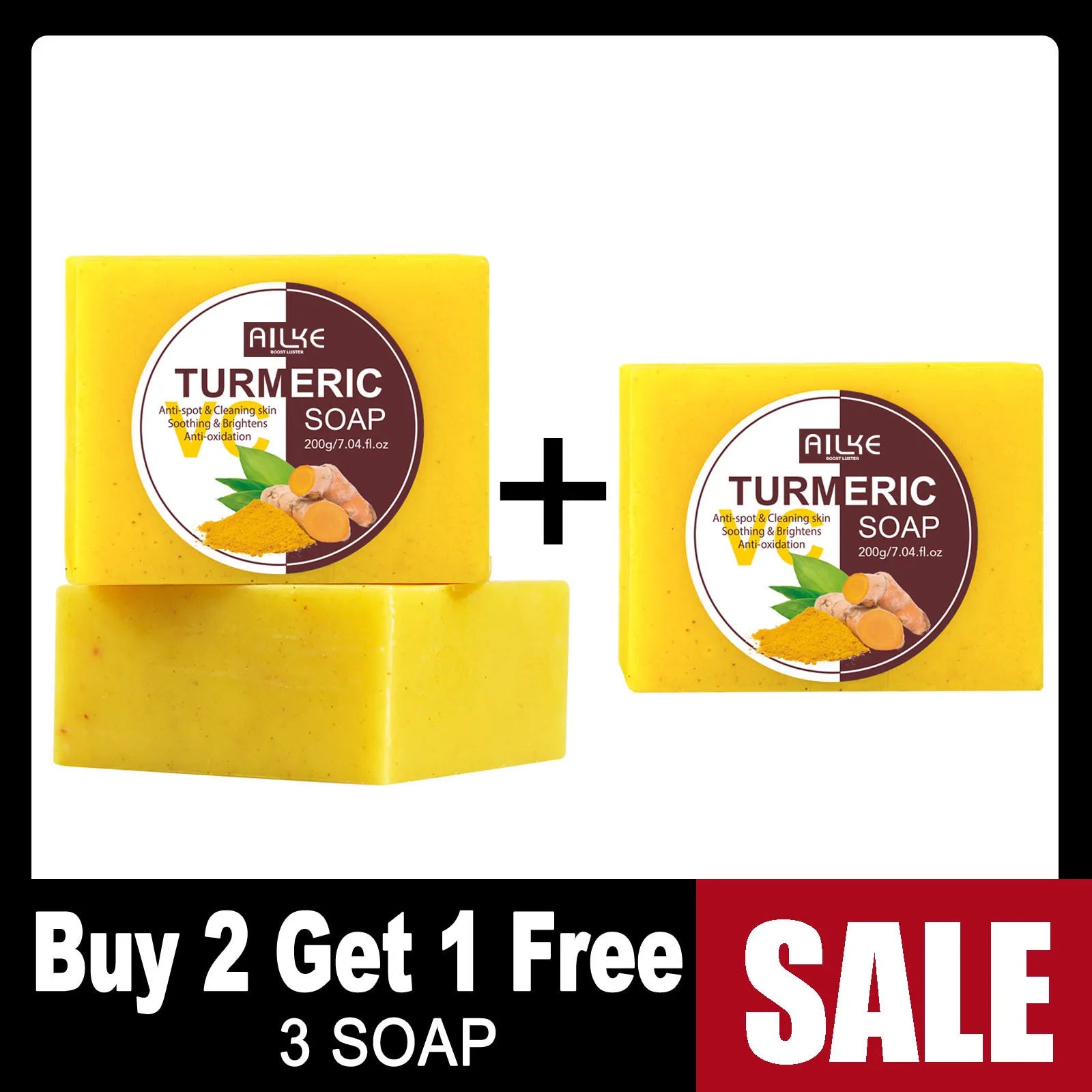 AILKE Natural Turmeric Soap Bar, Brighten, Remove Darkness, Acne, Pimples, Cleaning, Exfoliates, Uneven Skin Tone, 200g
