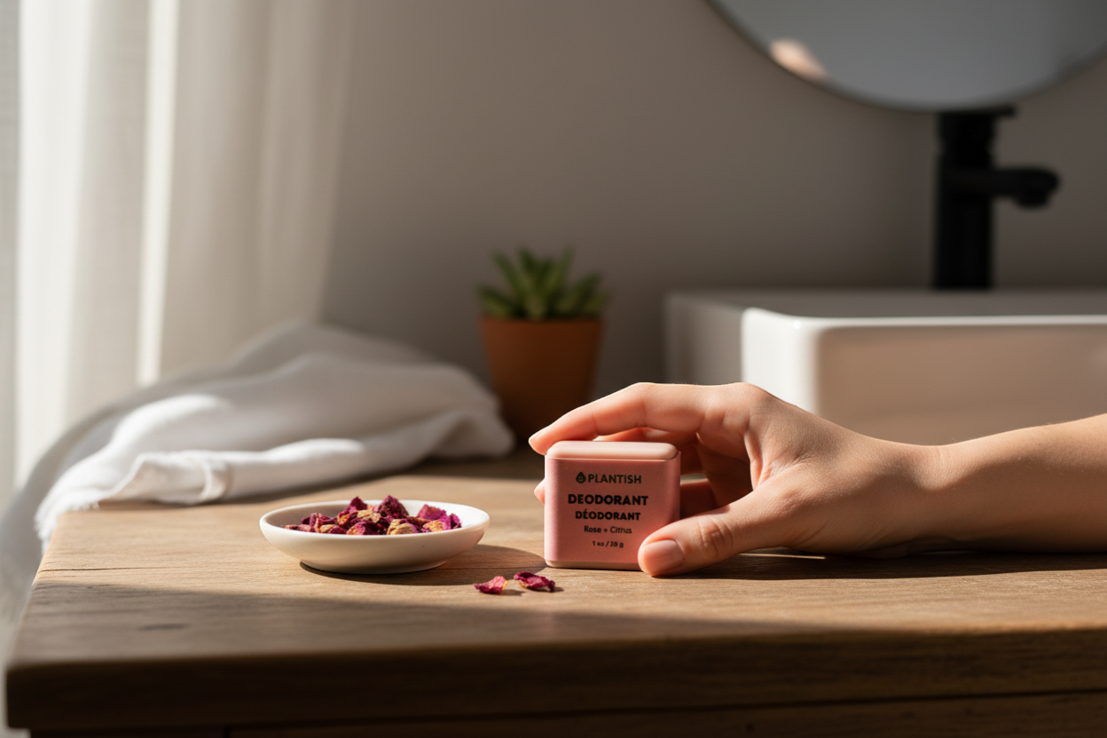 KRKT Co. pink deodorant bar with Rose + Citrus scent, made with shea butter and essential oils.