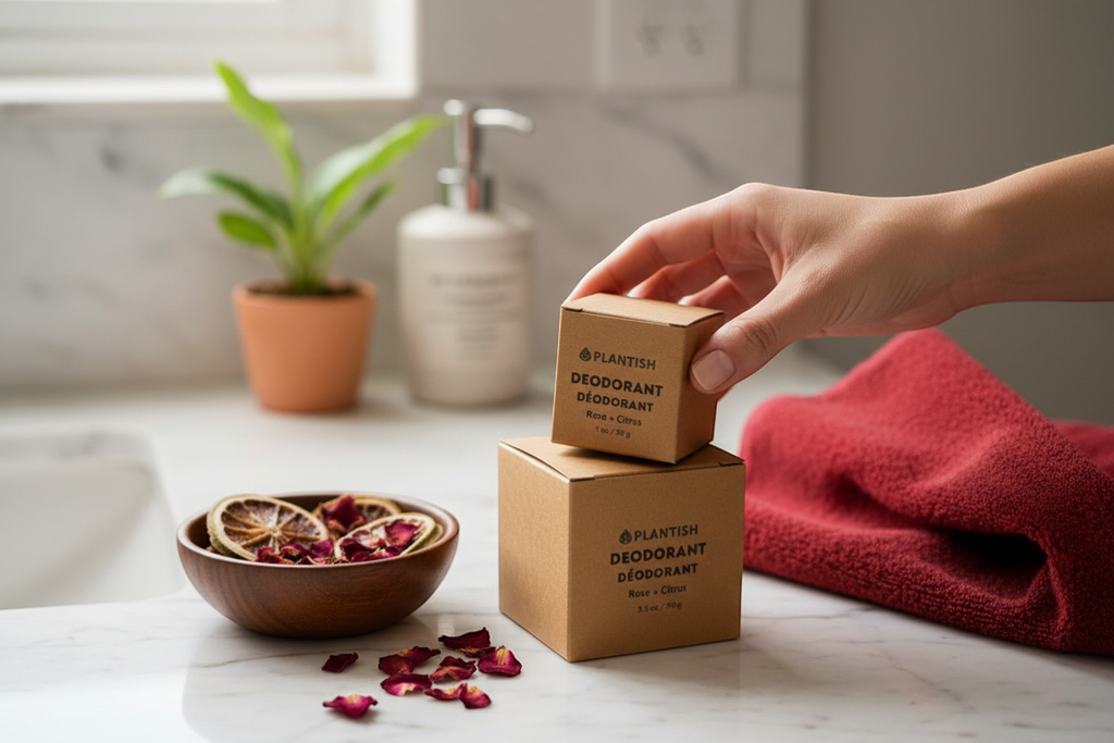 KRKT Co. Rose & Citrus zero waste deodorant bar in eco-friendly packaging. Vegan, natural ingredients.